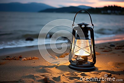 closeup of a quaint lantern illuminating a beach campsite Stock Photo