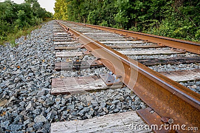 Closeup of railroad spikes and ties Stock Photo