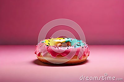 Closeup Rainbow Donut isolated. Break time with Doughnut side view on pink background Stock Photo