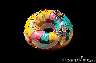 Closeup Rainbow Donut isolated. Break time with Doughnut top view on black background Stock Photo