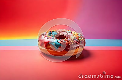 Closeup Rainbow Donut isolated. Break time with Doughnut top view on noen background Stock Photo