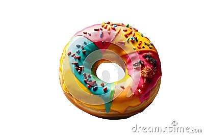 Closeup Rainbow Donut isolated. Break time with Doughnut side top on white background Stock Photo