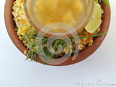 Ram Navami Hindu Festival Food Musk Melon Cool drink, Hesaru Bele with Lemon in a Sand Bowl on White Background Stock Photo