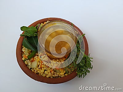 Ram Navami Hindu Festival Food Musk Melon Cool drink, Hesaru Bele with Lemon in a Sand Bowl on White Background Stock Photo