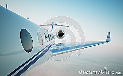 Closeup of realistic photo white, luxury generic design private jet flying over the clouds.Modern airplane and empty blue sky on Stock Photo