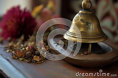 closeup of reception bell with herbal concoction aside Stock Photo