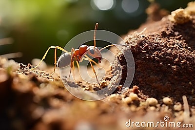 Closeup red ant building home form soil in nature. Generative AI Stock Photo