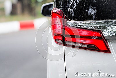 Closeup Red car taillights look modern luxury Stock Photo