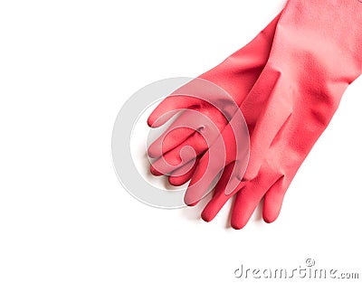 Closeup Red rubber gloves for cleaning on white background, work Stock Photo