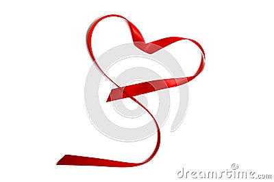 Closeup red satin ribbon or tape in heart shape, isolated on white background. Concept Valentine`s Day, wedding anniversary, Stock Photo