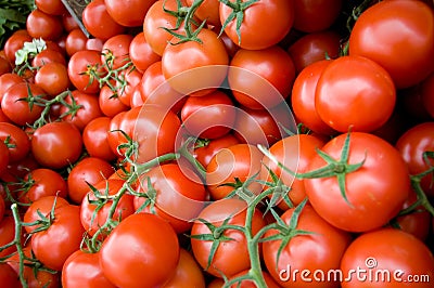 Closeup of red tomatoes with green leaves Stock Photo