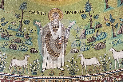 Closeup of religious mosaics on the walls of Sant'Apollinare in Classe at Ravenna, Italy Stock Photo