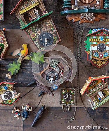 Closeup of retro cuckoo clocks Stock Photo