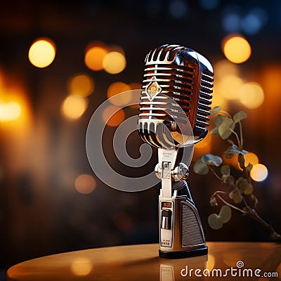 Closeup retro microphone on stage, music background Stock Photo