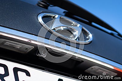 Closeup of reverse full hd camera mondet on trunck of Hyundai Grand Santa Fe Editorial Stock Photo