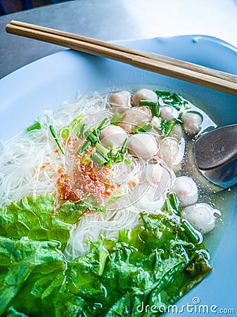 Closeup Rice Noodle Soup with Fish Balls Stock Photo