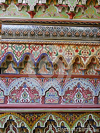 Closeup richly patterned multicoloured, handpainted Moroccan furniture Stock Photo