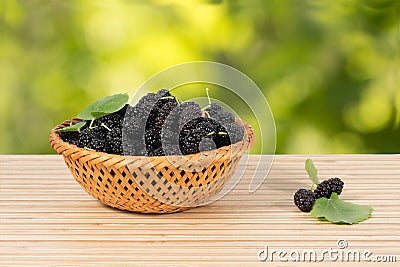 Closeup ripe black mulberries in wicker basket on the table on green leaves background. Stock Photo