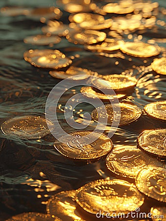 Closeup of River Full of Golden Coins During Golden Hour Stock Photo