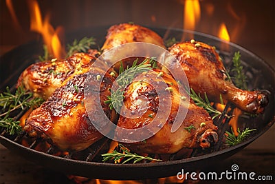 Closeup Roasted chicken legs on grill with flames and smoke Stock Photo