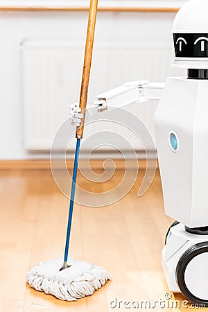 Robot floor scrubber is cleaning the floor Stock Photo