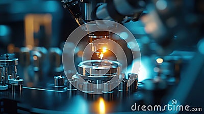 A closeup of a robotic arm sorting through various components on an assembly line with a glowing sensor light signaling Stock Photo