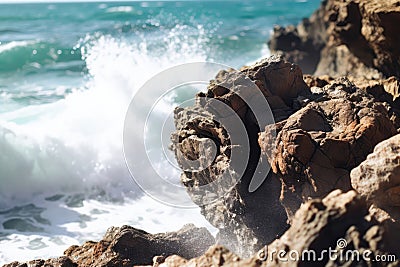 Closeup Of Rock On Ocean Cliff Against Backdrop Of Unfocused Crashing Waves. Generative AI Stock Photo