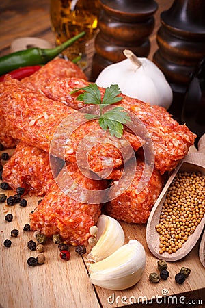 Closeup of romanian pork and lamb sausages, mititei Stock Photo