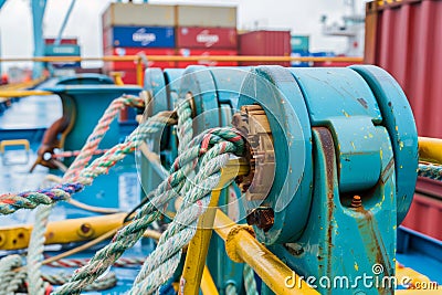 closeup of ropes and winches securing containers on deck during transit Stock Photo