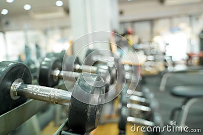 Closeup Rows of dumbbells in the gym Stock Photo
