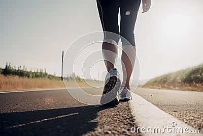 Closeup of runner shaved feet in running shoes going for a run on the road at sunrise or sunset. Stock Photo