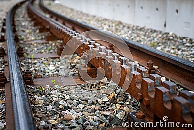 Closeup of rusty train tracks of rack railway Stock Photo