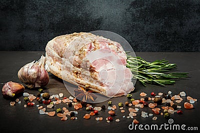 closeup salted meat lard with pink salt, spices, garlic, and rosemary Stock Photo