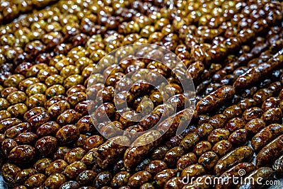 Closeup of sausages displayed at a local market in Xiangkhouang, Laos Stock Photo