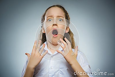 Closeup Scared and shocked little girl. Human emotion face expression Stock Photo