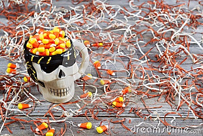 Closeup of scary Halloween skeleton skull cup filled with candy Stock Photo