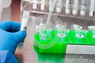 Closeup of a scientist extracting DNA using the spin column-based nucleic acid purification technique. Spin column-based nucleic Stock Photo