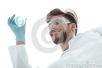 Closeup.scientist holding beaker with the sample Stock Photo