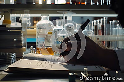 Closeup of scientist writing results in a lab notebook in a laboratory, analytical mood. Generative AI Stock Photo