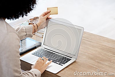 Closeup, screen and woman with a laptop, credit card and ecommerce with payment, transaction or sales. Female person Stock Photo
