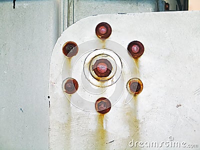 Closeup of section of railroad crossing gate - rusted bolts on metal - background Stock Photo