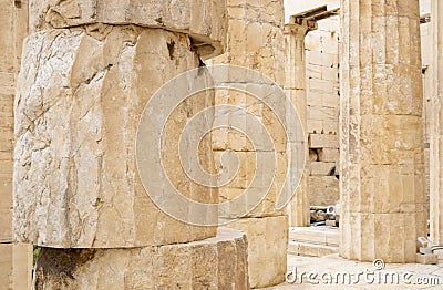 Closeup of Sections of Classic Marble Columns on the Acropolis Hills of Athens Stock Photo