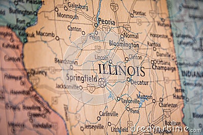 Selective Focus Of Illinois State On A Geographical And Political State Map Of The USA Stock Photo