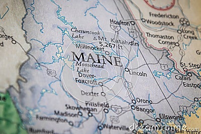 Selective Focus Of Maine State On A Geographical And Political State Map Of The USA Stock Photo
