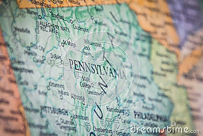 Selective Focus Of Pennsylvania State On A Geographical And Political State Map Of The USA Stock Photo