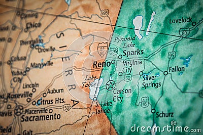 Selective Focus Of Reno Nevada On A Geographical And Political State Map Of The USA Stock Photo