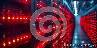 A closeup of a server room with rows of servers and blinking lights showcasing cloud computing Stock Photo