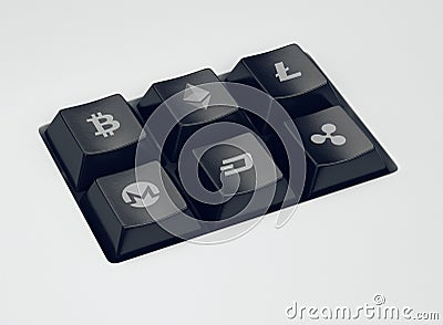 Closeup of set of six keyboard buttons with most popular cryptocurrency symbols Cartoon Illustration