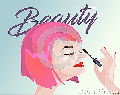 Closeup of sexy girl paints her eyes with mascara in her hand Vector Illustration