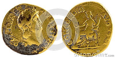 Closeup shot of ancient Roman gold aureus coin of Emperor Nero Stock Photo